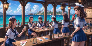 illustration of a pocker game, tavern 19th century style, small tables at the background, sailors blue and white stripes ,sailors uniform, drinking and playing cards, illustration, , pretty girls standing behind,scenery