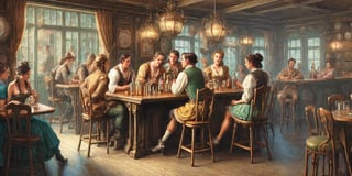 Image of a tavern, 18th century style, small tables at the background, illustration, people drinking, sexy girls