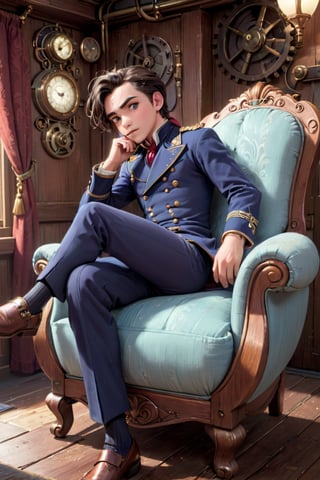 1boy, image of  captivating scene featuring by Captain Nemo sitting in an armchair in his cabin on the Nautiluss, semi side view,  gray eyes, (((full body))), Steampunk., ((full body view.)) (( Action pose)) (Masterpiece, Best quality), (finely detailed eyes), (finely detailed eyes and detailed face), (Extremely detailed CG, intricate detailed, Best shadow), conceptual illustration, (illustration), (extremely fine and detailed), (Perfect details), (Depth of field),disney pixar style