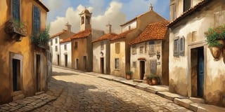 oil painting style of old street of a portuary village, 18th century style, shipts at the background