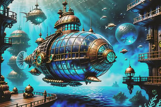 The Nautilus frigate spacecraft, Steampunk,  Style, underwater, game, the underwater city base is visible through a blue haze