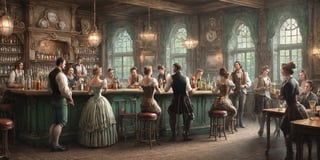 Image of a tavern, 18th century style, tables at the background, mixed past. Bartender, people, girls
