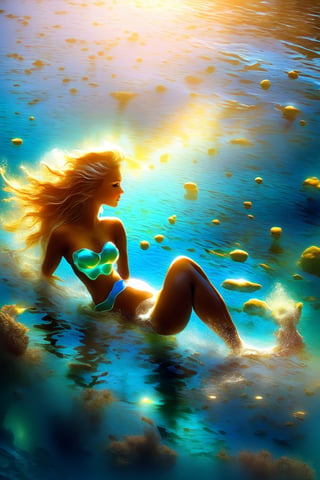 A majestic underwater scene: a lone mermaid, glistening scales shimmering in the soft glow of sunlight filtering through the ocean's surface. She sits serenely on a bed of seaweed, her flowing locks undulating with the currents. Her tail sparkles like diamonds as she gazes out at the viewer, radiating an aura of mystique and allure.