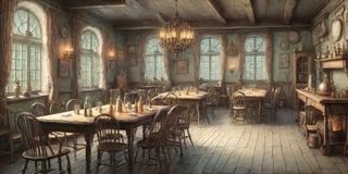 Image of a tavern, 18th century style, small tables at the background, illustration