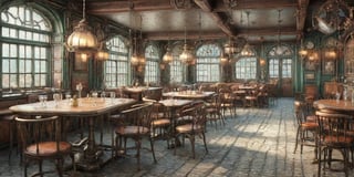 Image of a tavern, 18th century steampunk style, tables at the background, mixed past and future,,ste4mpunk