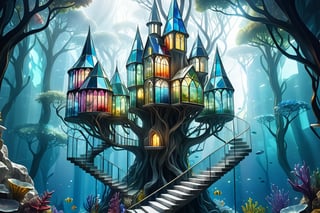 (aerial View of stained glass crystal transparent Treehouses underwater village in an aquarium. Minimalistic crystal colorful futuristic trehouses architecture art on top trees white crystal marble staircase in every fantasy tree. concept art Surreal. perfect lighting. Clear water, Digital illustration), Detailed Textures, high quality, high resolution, high Accuracy, realism, color correction, Proper lighting settings, harmonious composition, Behance works