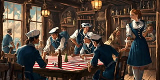illustration of a pocker game, tavern 19th century style, small tables at the background, sailors blue and white stripes ,sailors uniform, drinking and playing cards, illustration, , pretty girls standing behind,scenery