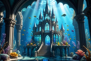 4d spring-theme videogame landscape, ((Cristal Palace at the botton of the ocean, made out of stained glass crystal transparent, fantasy art, Atlantida (underwater city), scenery, there re fish in the ocean and reefs, amazing wallpaper, 4k high res, very beautiful photo, underwater city make out of glass, magical colors and atmosphere, epic artwork, bloom. high fantasy)), (Game Cinematic Feel, Epic Graphics, Intricately Detailed, 8K Resolution, Dynamic Lighting, Unreal Engine 5, CryEngine, Trending on ArtStation, HDR, 3D Masterpiece, Unity Render, Perfect Composition:0.8)