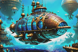 The Nautilus frigate spacecraft, Steampunk,  Style, underwater, game, the underwater city base is visible through a blue haze