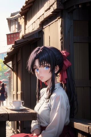 kamiya_kaoru_rurounikenshin2023,legantism, opulent scene, a beautiful girl sitting in a sunny European Cafe with tables outside golden summer light, Pierre Auguste Renoir style, Impressionism, stunning intricate details.t, 8k resolution. (masterpiece, top quality, best quality, official art, beautiful and aesthetic:1.2), (1girl:1.4), upper body, blck hair, portrait, extreme detailed, super wide angle, high angle, high color contrast, medium shot, depth of field, blurry background, simple background, bokeh,impressionist painting
