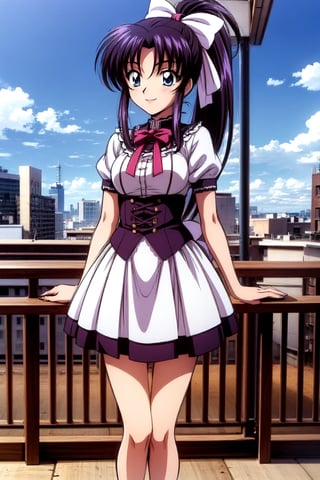 Kamiya kaoru 1996, solo, 1girl, beautiful 20 year old anime girl with: "athletic body, long legs, beautiful legs: 1. 2. (properly proportioned female body), medium bust, blue eyes, beautiful eyes: 1. 2., black hair, long hair tied with bow in a high ponytail"; wear Victorian dress,lace petticoat skirt; smiling shyly, stand on the city, hair in the wind; legs focus, in high quality, 8k, High Definition, HD, sakura_pattern, Kamiya Kaoru 1996