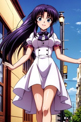 Kamiya kaoru 1996, solo, 1girl, beautiful 20 year old anime girl with: "athletic body, long legs, (properly proportioned female body), medium bust, blue eyes, black hair, long hair tied with bow in a high ponytail"; wear Victorian dress,; smiling shyly, stand on the city, hair in the wind; legs focus, in high quality, 8k, High Definition, HD, sakura_pattern, Kamiya Kaoru 1996