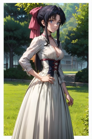 kamiya_kaoru_rurounikenshin2023, victorian dress, petticoat, victorian style long dress, bare victorian neckline, white dress, choker, shy smiling, (long hair tied in ponytail, athletic body (correct body anatomy) long legs, medium breast(correct hand anatomy)), arms at the sides, breast focus, happy pose, in anime style