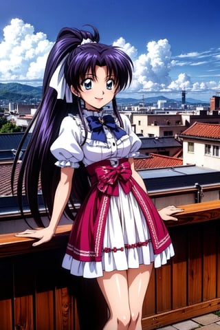 Kamiya kaoru 1996, solo, 1girl, beautiful 20 year old anime girl with: "athletic body, long legs, beautiful legs: 1. 2. (properly proportioned female body), medium bust, blue eyes, beautiful eyes: 1. 2., black hair, long hair tied with double_bow in a high_ponytail"; wear Victorian dress, lace petticoat skirt; smiling shyly, stand on the city, hair in the wind; legs focus, in high quality, 8k, High Definition, HD, Kamiya Kaoru 1996, 