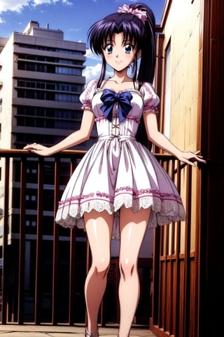 Kamiya kaoru 1996, solo, 1girl, beautiful 20 year old anime girl with: "athletic body, long legs, beautiful legs: 1. 2. (properly proportioned female body), medium bust, blue eyes, beautiful eyes: 1. 2., black hair, long hair tied with double_bow in a high_ponytail"; wear Victorian dress, lace petticoat skirt; smiling shyly, stand on the city, hair in the wind; legs focus, in high quality, 8k, High Definition, HD, Kamiya Kaoru 1996, 