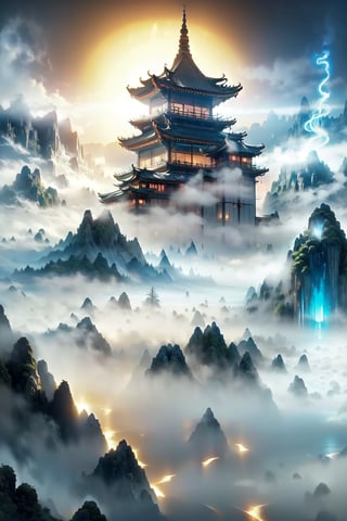 （floating,chinese building）,nest in mountain, blue light, (dense fog:1.7) ,crystal and silver entanglement,black and blue entanglement