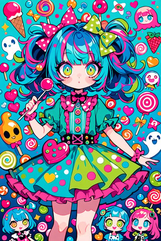 children's doodle style,
Colorful pop art, candy pop, lollipop punk, brightly colored berry beans, emo pink lolita girl,big Eyes,A dress made of jelly and ice cream,
 maximalism designemo,dal-6 style,Color Splash
Ghost Girl, Green Dress, Blue Hair, Simile