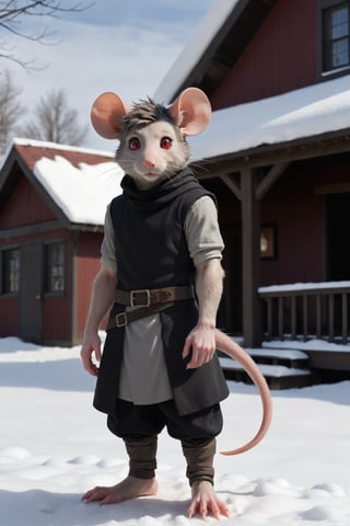 solo,looking at audience,red eyes,1boy,animal ears,standing,male focus,shabby house,day animal,furry,snow,1 other,colored sclera,mouse ears,vambrace,furry male,mouse tail ,rat,beard,year rat's