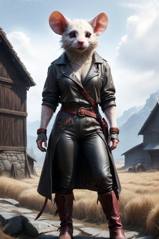 mouse,white skin,standing,red eye,,stworki,scenery,skyrimlandscapes,leather_clothing,outdoors,mouse, white skin, standing, red eyes, stworki, scenery, skyline scenery, leather coat, pink nose, red eyes, small ears, small paws, white short-sleeved shirt, leather pants, leather boots, belt, country style, gray, natural color , old, simple, farm work, , perfect light,