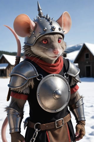 solo,looking at audience,red eyes,1boy,animal ears,standing,male focus,shabby house,day animal,furry,snow,1 other,colored sclera,mouse ears,vambrace,furry male,mouse tail ,rat,beard,year rat's,shield,spiked ball and chain,helmet, horned helmet,wheat field,summer festival