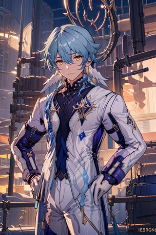 /Sunday//,1boy,hair between eyes,solo,looking at viewer,long hair,bangs,jewelry,gloves,hair between eyes,closed mouth,blue hair,yellow eyes,male focus,outdoors,pants,white, gloves,vest,coat,hand on hip,night,white pants,white coat,Serious eyes,HEAD WINGS,robin