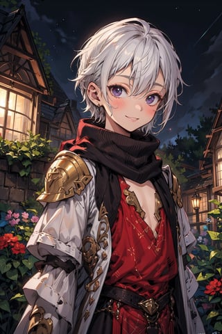 young_person, small_person, androgynous_look, flat_chest, white_hair, shoulder_length_hair, dark_eyes, uncertain_smile, very_slim, very_thin, close_up, fantasy_clothes, victorian_clothes, garden, night, dark_sky, small_body, white_robe, hermaphroditic_look, hermaphrodite, white_clothes, gold_marks, scarf
