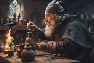 Recreates realistic image of an old alchemist, with a thick white beard, profile shot, working in his workshop, preparing mysterious potions, a black crow accompanies him, background of a castle room