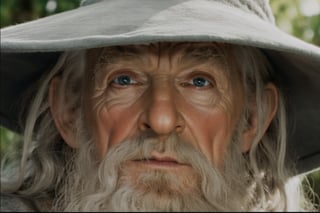 Recreates the realistic, close-up image of Gandalf the Grey, well-made face, expression lines