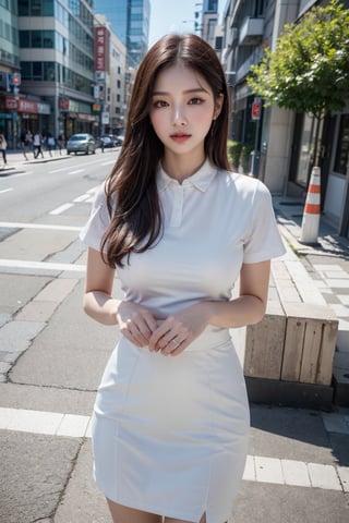 (Best quality, 8k, 32k, masterpiece, UHD:1.2), pretty korea woman photo, 1woman, Highest quality, highest quality, today's work look, daily look, everyday clothes, background is urban background, morning city, clean city, Korea, Korean lady, Korean beauty, Korean office worker