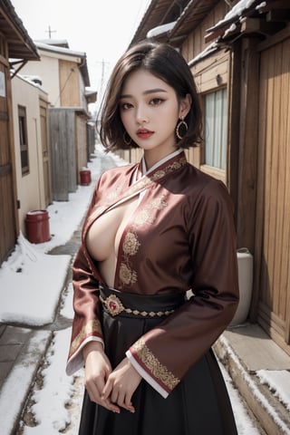 Best Quality, Aesthetics, Ultrafine, Complex Details, 4K, Animation Style, Outtis, Girl, Brown/Blonde, Black Eyes, Short Hair, Bangs, Jewels, Earrings, Piercing, Dark Skin, Big Chest, Cowboy Shot, Viewers, Alley, Outdoor, Red hanbok, Snowy Alley, Night,Breath, blush, 