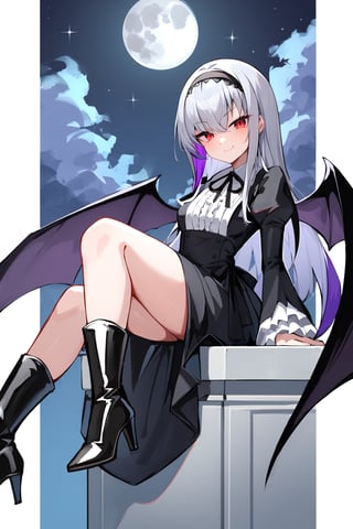 score_9, score_8_up, score_7_up, women, suigintou, solo, long hair, red eyes half closed, arrogant smile, dress, white background, boots, long sleeves, grey hair, hairband, black footwear, frills, bangs, black dress with purple highlights and drawing large white crosses on the edges, smiling, closed mouth, black ribbon, high quality, late, black neck ribbon is tied around her neck, wearing tight boots that cover the all the leg with high heels, sitting quietly on the edge of a building watching the full moon, night with a star, full moon, wings, black plumage, 