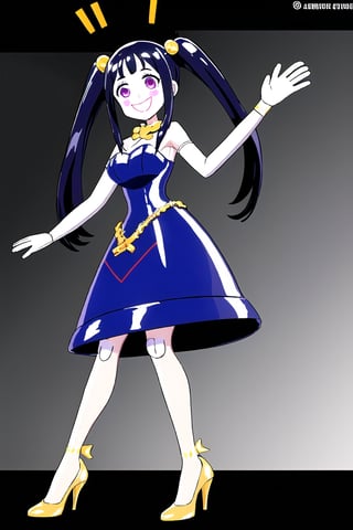 an SMD doll with a big smile made  of shiny latex waving ,long twin tails, high heels and dress,albedo \(overlord\)