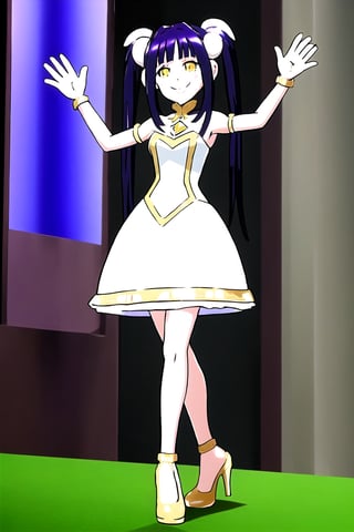 an SMD doll with a big smile made  of shiny latex waving ,long twin tails, high heels and dress,albedo \(overlord\)