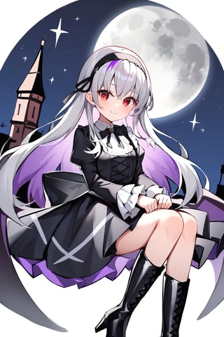 score_9, score_8_up, score_7_up, 1girl, suigintou, solo, long hair, red eyes, dress, white background, boots, long sleeves, grey hair, hairband, black footwear, frills, bangs, black dress with purple highlights and drawing large white crosses on the edges, smiling, closed mouth, black ribbon, high quality, late, black neck ribbon is tied around her neck, wearing tight boots that cover the leg with high heels, sitting quietly on the edge of a building watching the full moon, night with a star, full moon, black plumage wings