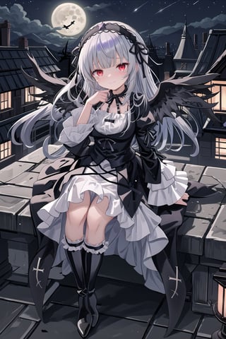 score_9, score_8_up, score_7_up, women, suigintou, solo, long hair, red eyes half closed, expression of sadness, tears, crying, dress, boots, long sleeves, grey hair, gothic hairband, black footwear, frills, bangs, black long dress , dress with drawing large white crosses on the edges, gothic dress, confident smile, closed mouth, black ribbon, high quality, late, black neck ribbon is tied around her neck, wearing tight boots, full leg boots, with high heels, clothes with purple highlights, black plumage, wings with black plumage, sitting quietly on the edge of a building watching the full moon, night with a star, full moon, wings, black plumage, flower hair ornament, black wings, sui1