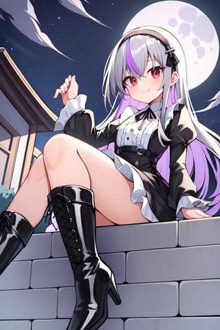 score_9, score_8_up, score_7_up, 1girl, suigintou, solo, long hair, red eyes, dress, white background, boots, long sleeves, grey hair, hairband, black footwear, frills, bangs, black dress with purple highlights and drawing large white crosses on the edges, smiling, closed mouth, black ribbon, high quality, late, black neck ribbon is tied around her neck, wearing tight black boots with high heels, sitting quietly on the edge of a building watching the full moon, night with a star, full moon, 