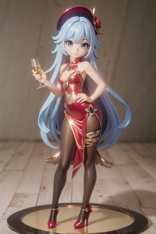 A sultry woman with long hair poses confidently in a vibrant gold latex Qipao dress, her full figure accentuated by the tight garment. She stands tall, her high heels clicking on the polished floor as she strikes a sassy pose, one hand resting on her hip and the other holding a champagne flute. The lighting is dramatic, with a bright spotlight highlighting her curves against a dark background.,chibi,3D,sangonomiya kokomi (sparkling coralbone)