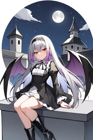 score_9, score_8_up, score_7_up, women, suigintou, solo, long hair, red eyes half closed, arrogant smile, dress, white background, boots, long sleeves, grey hair, hairband, black footwear, frills, bangs, black dress with purple highlights and drawing large white crosses on the edges, smiling, closed mouth, black ribbon, high quality, late, black neck ribbon is tied around her neck, wearing tight boots that cover the all the leg with high heels, sitting quietly on the edge of a building watching the full moon, night with a star, full moon, wings, black plumage, 