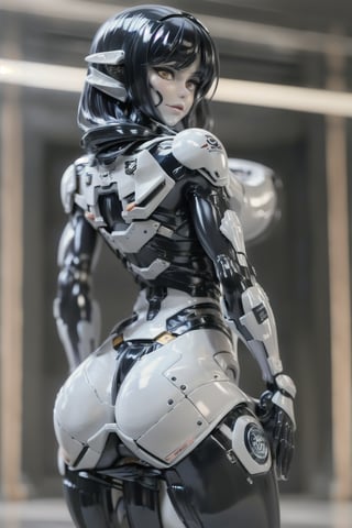 A futuristic warrior stands confidently, her long, raven-black hair streaked with electric blue tips cascading down her back. Wolf ears protrude from her temples, framing her striking features. A sleek, high-tech bodysuit hugs her physique, featuring white and blue accents with black outlines, like cityscapes at dusk. High heels gleam on her feet as she wears a matching jacket, the overall design evoking a futuristic heroine ready to take on the world.,SMD