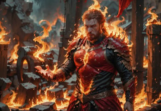 Photorealistic image, middle aged male, masculine male pyromancer, hulking body frame, muscular,(extremely detailed 8K wallpaper), masterpiece 16k photo, medium shot, bright green eyes, red beard, long hair braided in intricate patterns , thick bushy ginger breard, slightly chubby body, intricate detailed crimson and bronze themed fantasy armor, a fiery aura surrounds him, huge billows of mystical flame surround him flowing from his hands , flaming village in chaos as the background, dynamically shaded, professional lighting,