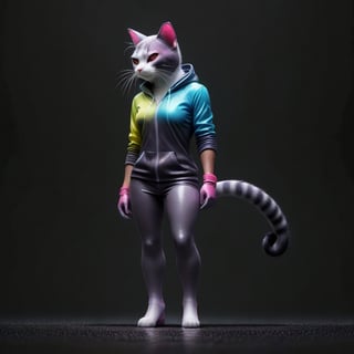 solo, simple background, white background, full body, shadow, what,3dcharacter,DonM3l3m3nt4l, Full body of a cat standing in the rain, muscular sweat lara croft, ,APEX colourful ,DonMD34thKn1gh7XL