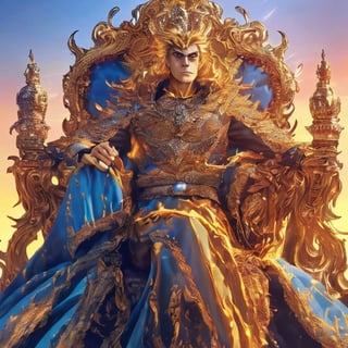 A majestic king sits atop a throne, his crown gleaming in warm golden light. He wears regal attire, with intricate embroidery and precious jewels. His strong jawline is set in determination as he gazes out at a grand kingdom landscape, where rolling hills meet the distant blue skies.,ghostrider