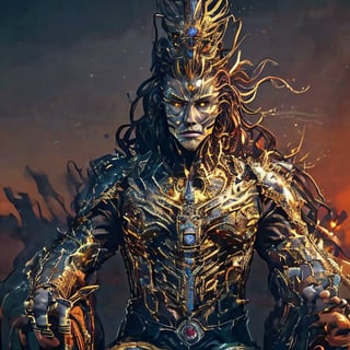 A majestic king sits atop a throne, his crown gleaming in warm golden light. He wears regal attire, with intricate embroidery and precious jewels. His strong jawline is set in determination as he gazes out at a grand kingdom landscape, where rolling hills meet the distant blue skies.,ghostrider,dragon,stworki,moonster,DonMRun3Bl4d3,leviathandef,shodanSS_soul3142