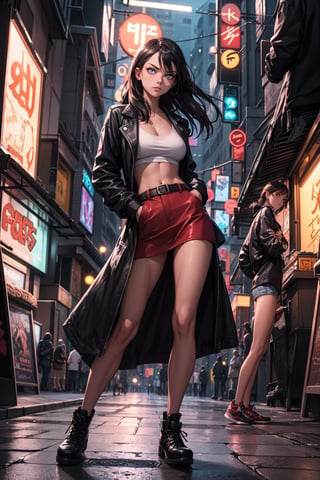 A low-angle shot frames the stunningly beautiful yet tough street girl standing strong on the corner of a bustling city street, her piercing gaze scanning the crowded pavement as headlights and neon signs cast a vibrant glow around her.