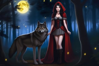 A majestic timber wolf, its fur a deep grey-brown, stands calmly in an eerie twilight woodland clearing, illuminated by the soft glow of fireflies and a full moon peeking through the canopy above. The wolf's piercing yellow eyes seem to gleam with intelligence as it regards a beautiful Gothic-inspired Red Riding Hood, her raven hair styled in an elaborate updo, her crimson cloak draped elegantly across the forest floor.,DonMM1y4XL