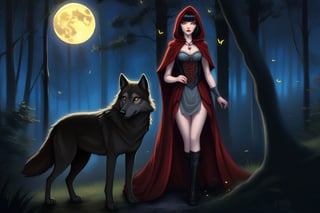 A majestic timber wolf, its fur a deep grey-brown, stands calmly in an eerie twilight woodland clearing, illuminated by the soft glow of fireflies and a full moon peeking through the canopy above. The wolf's piercing yellow eyes seem to gleam with intelligence as it regards a beautiful Gothic-inspired Red Riding Hood, her raven hair styled in an elaborate updo, her crimson cloak draped elegantly across the forest floor.,DonMM1y4XL