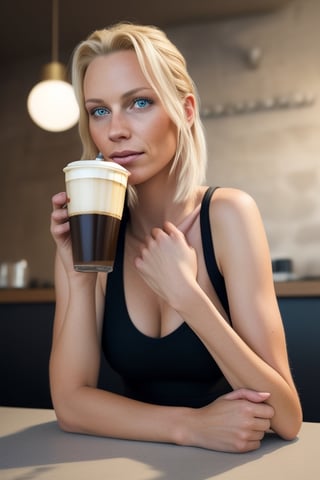  ultra realistics  image on hot lady sittig in the cafe with slightly warm and bright background and behind the background teh people are having atalk with each other and the lady should have the real human glass skin and simling on to the camera 

siting in a position like an infulencer and having the coffee in her hand 