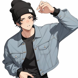 masterpiece, best quality, aesthetic, white background

webtoon, 1guy, 
 He wears a beanie, a denim jacket, black jeans, amagi_hiiro