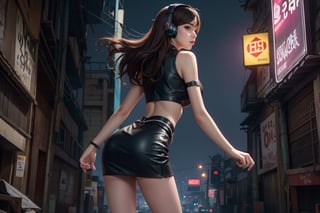 masterpiece, excellent quality, high resolution, aahana, long hair, brown hair, headphones, mustache marks, huge breasts, sensual body, slim waist, sensual legs, sensual ass, submissive look, black skympy sleeveless leather top, very short skympy miniskirt black sheath dress, erotic pose, full image, from behind, silhouette, in a cyberpunk slum street.