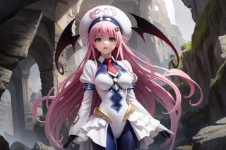 aalala, long hair, hat, white headwear, head wings, green eyes, big breasts,  red necktie, torn white bodysuit, torn sexy white body, puffy sleeves, white gloves, torn showgirl miniskirt, blue pantyhose, standing, full picture, clutched to her right side by a muscular 5 year old male child, cave interior landscape.